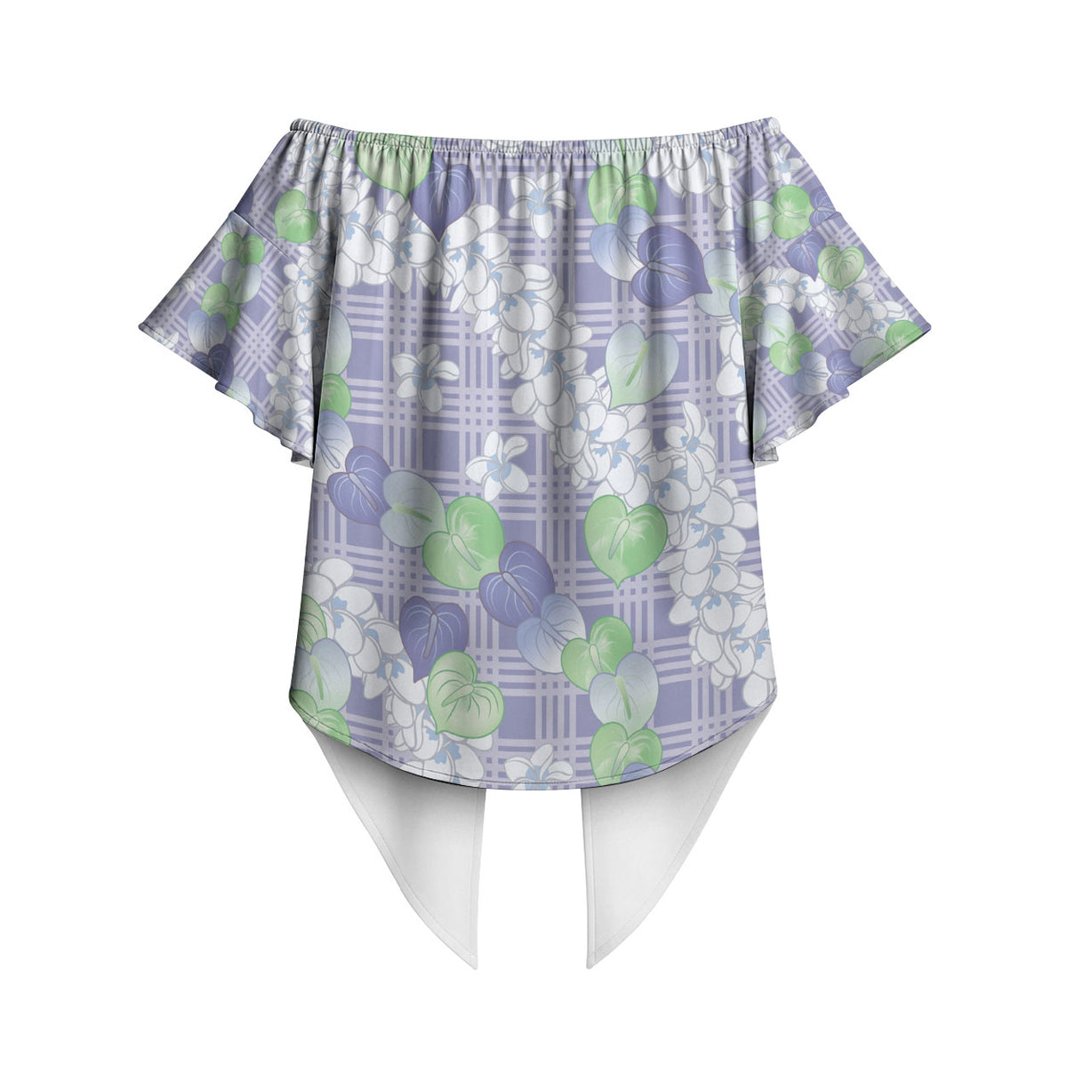 Anthurium Plumeria Lei Pastel Off Shoulder Wrap Waist Top Purple Hawaiian Splendid Palaka LT01 - Polynesian Pride