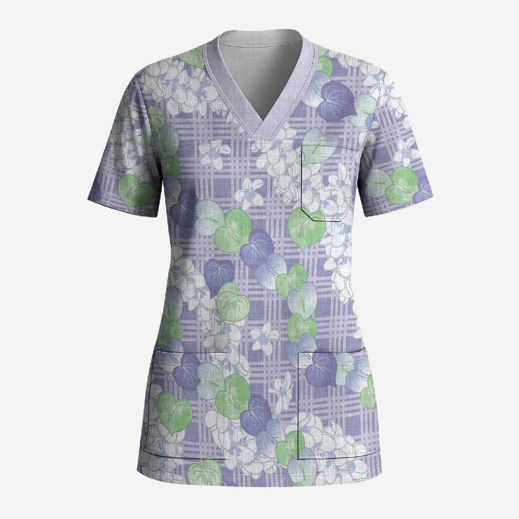 Anthurium Plumeria Lei Pastel Scrub Top Purple Hawaiian Splendid Palaka LT01 Adult Purple - Polynesian Pride