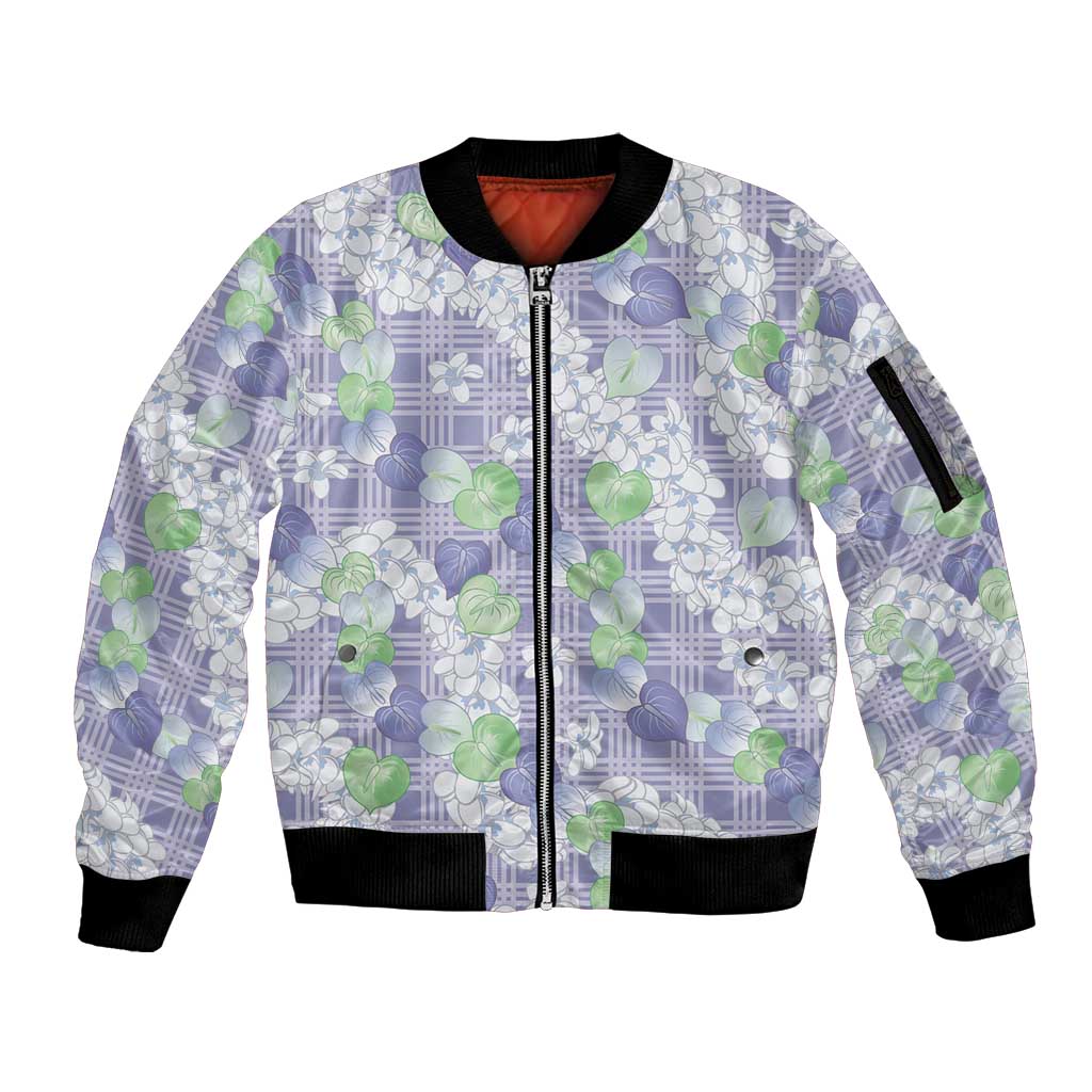 Anthurium Plumeria Lei Pastel Sleeve Zip Bomber Jacket Purple Hawaiian Splendid Palaka