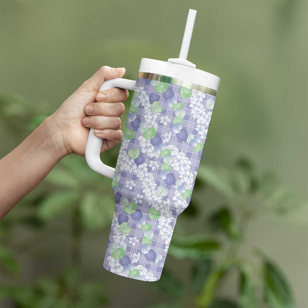 Anthurium Plumeria Lei Pastel Tumbler With Handle Purple Hawaiian Splendid Palaka LT01 - Polynesian Pride
