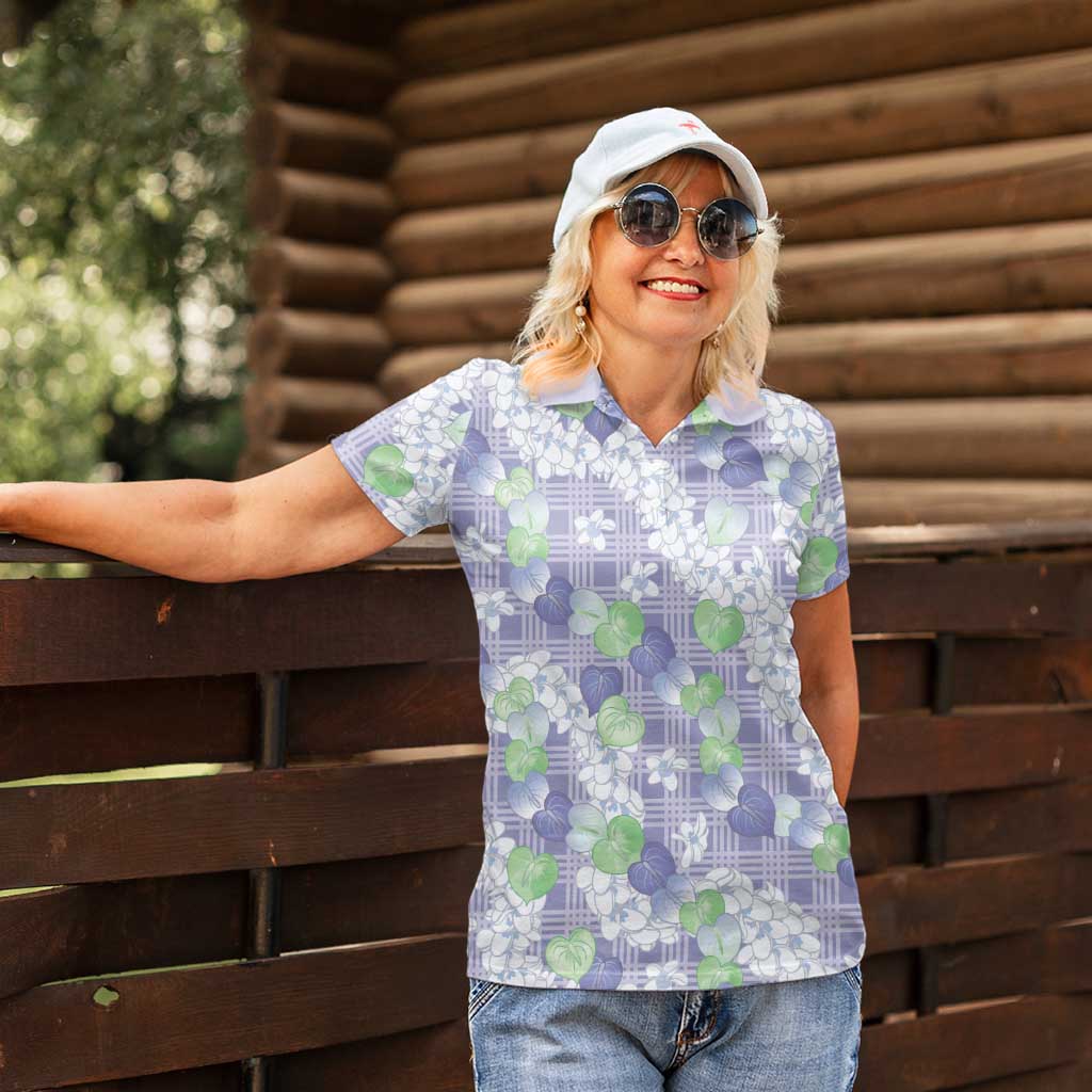 Anthurium Plumeria Lei Pastel Women Polo Shirt Purple Hawaiian Splendid Palaka LT01 - Polynesian Pride