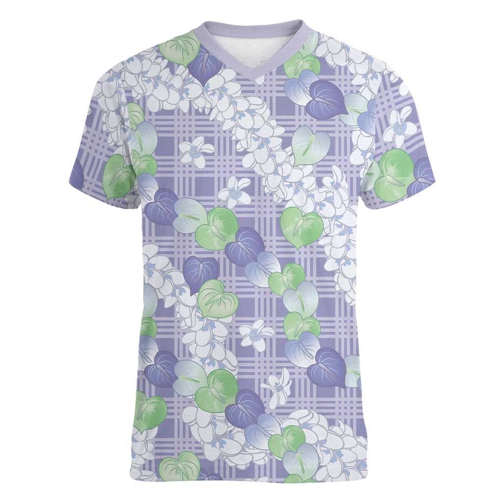 Anthurium Plumeria Lei Pastel Women V-Neck T-Shirt Purple Hawaiian Splendid Palaka