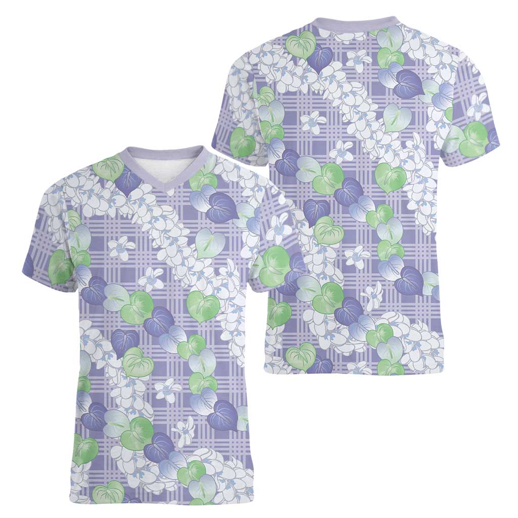 Anthurium Plumeria Lei Pastel Women V-Neck T-Shirt Purple Hawaiian Splendid Palaka