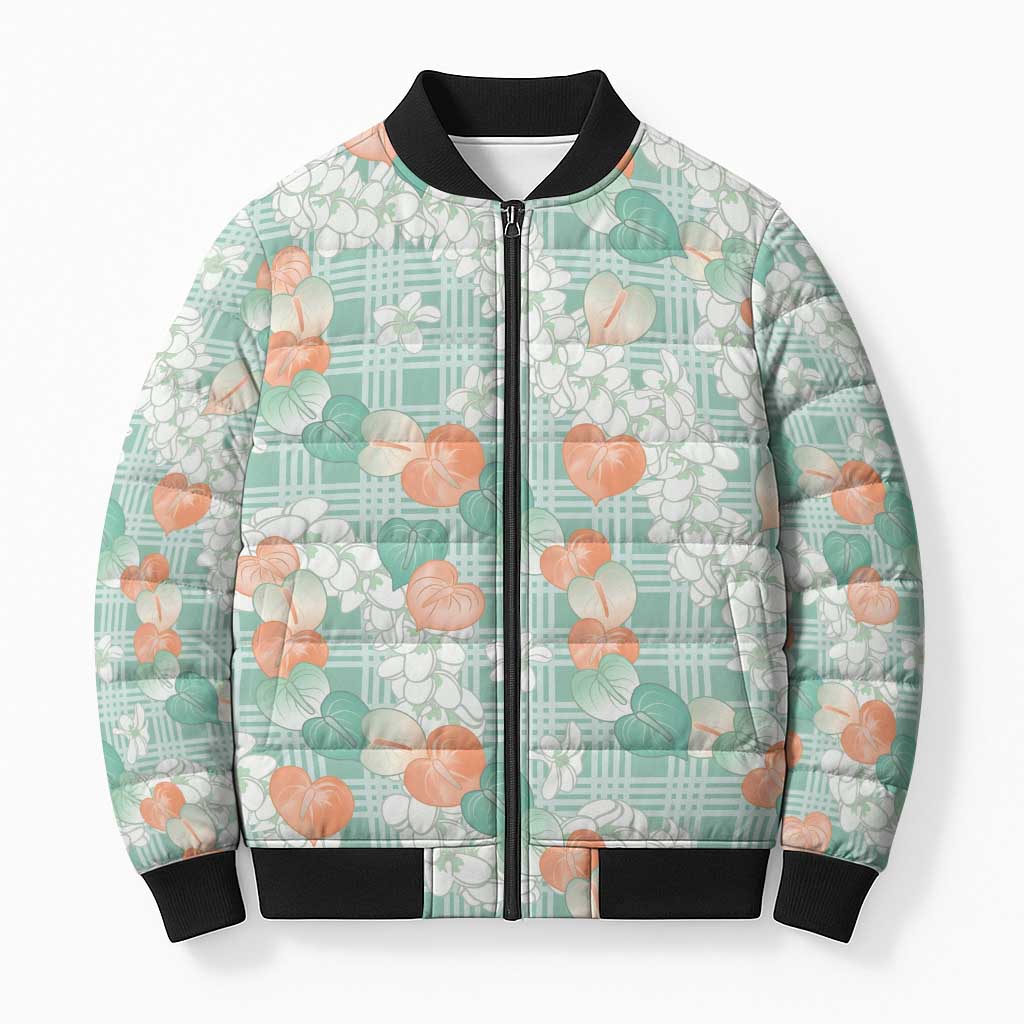 Anthurium Plumeria Lei Pastel Bomber Puffer Jacket Teal Hawaiian Splendid Palaka LT01 Unisex Teal - Polynesian Pride