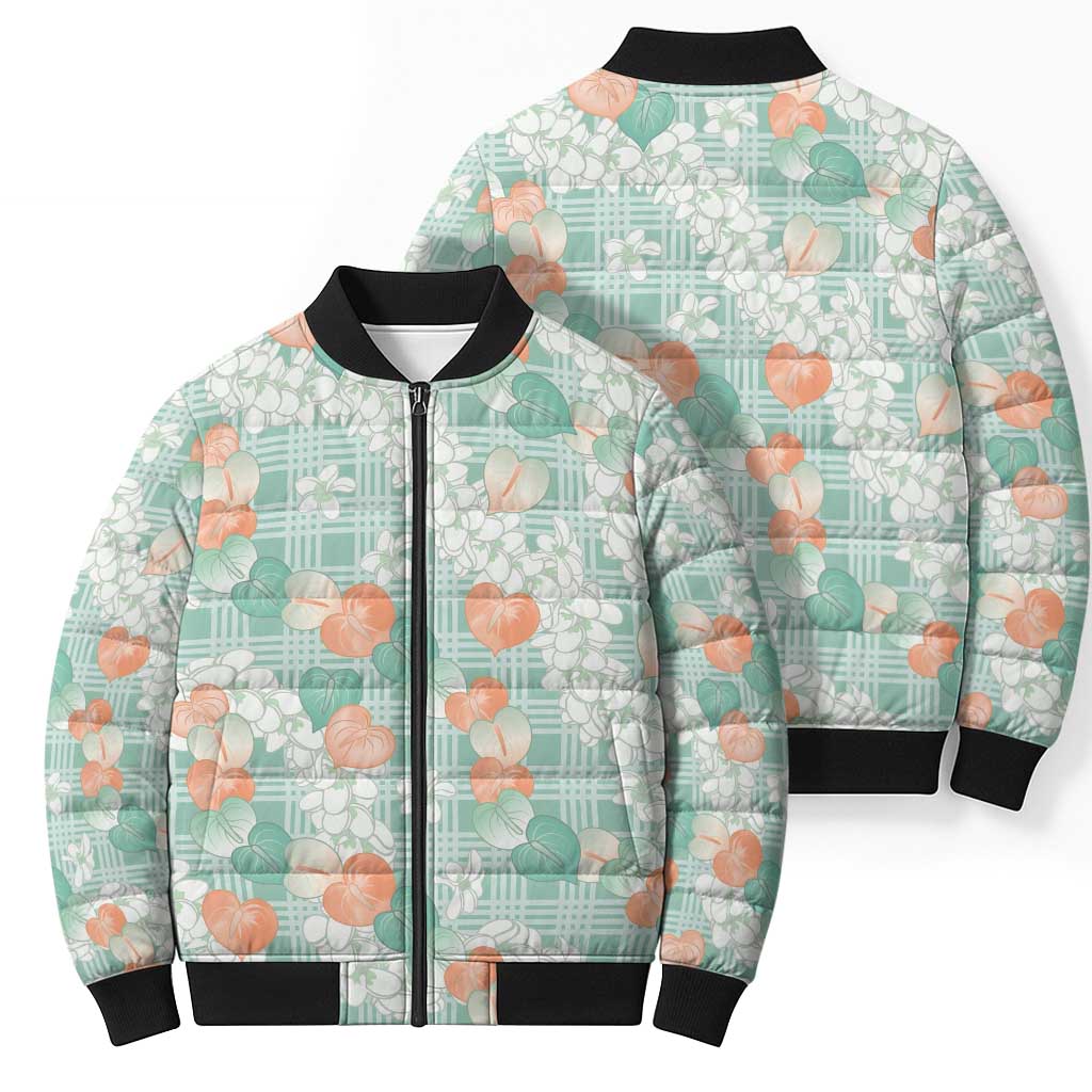 Anthurium Plumeria Lei Pastel Bomber Puffer Jacket Teal Hawaiian Splendid Palaka LT01 - Polynesian Pride