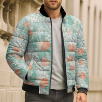 Anthurium Plumeria Lei Pastel Bomber Puffer Jacket Teal Hawaiian Splendid Palaka LT01 - Polynesian Pride