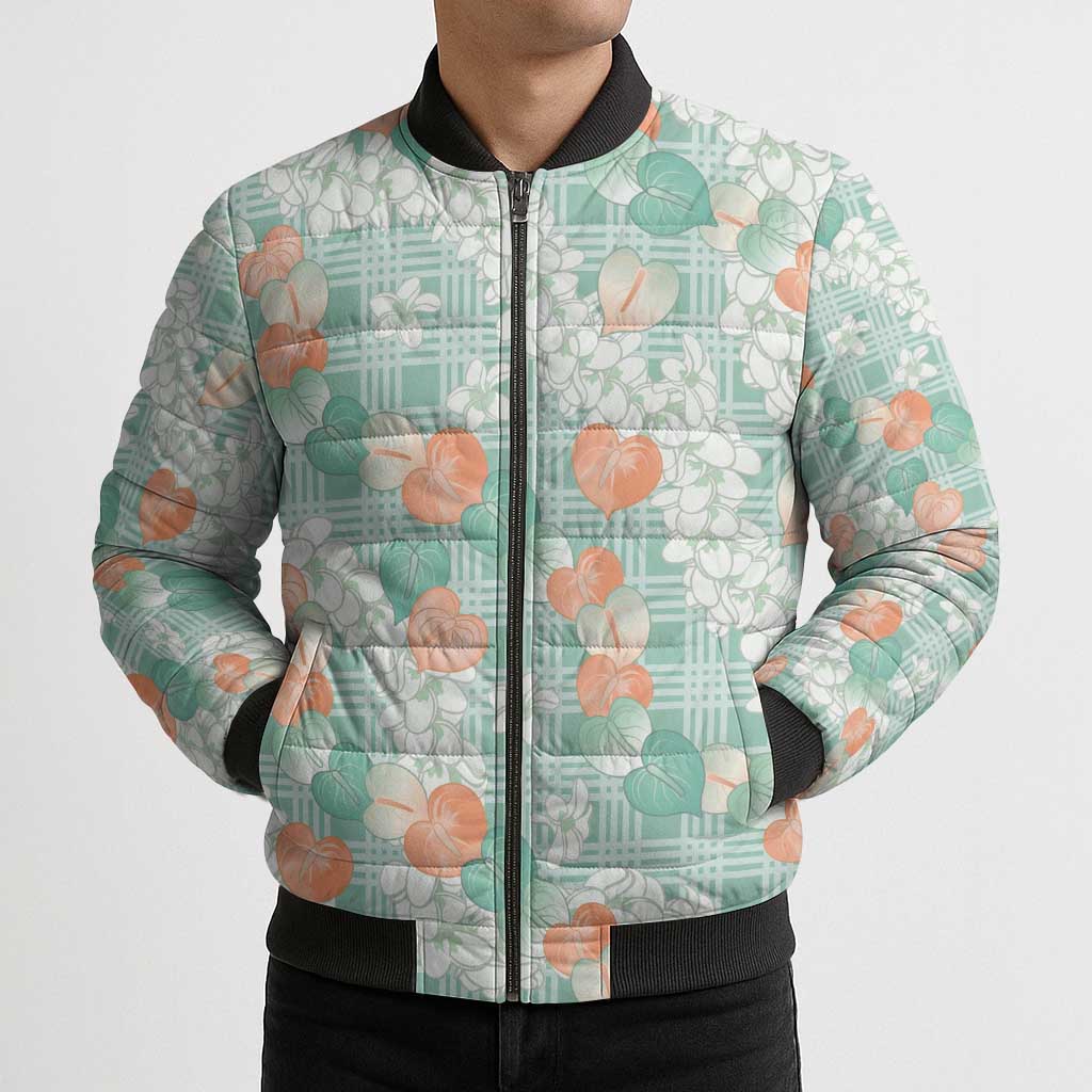 Anthurium Plumeria Lei Pastel Bomber Puffer Jacket Teal Hawaiian Splendid Palaka LT01 - Polynesian Pride