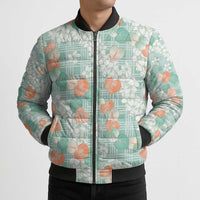 Anthurium Plumeria Lei Pastel Bomber Puffer Jacket Teal Hawaiian Splendid Palaka LT01 - Polynesian Pride