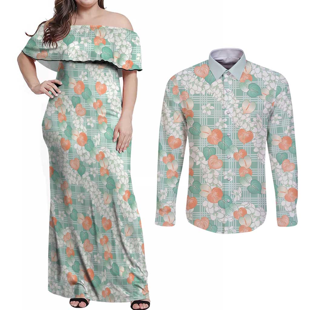 Anthurium Plumeria Lei Pastel Couples Matching Off Shoulder Maxi Dress and Long Sleeve Button Shirt Teal Hawaiian Splendid Palaka
