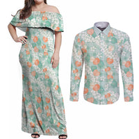 Anthurium Plumeria Lei Pastel Couples Matching Off Shoulder Maxi Dress and Long Sleeve Button Shirt Teal Hawaiian Splendid Palaka