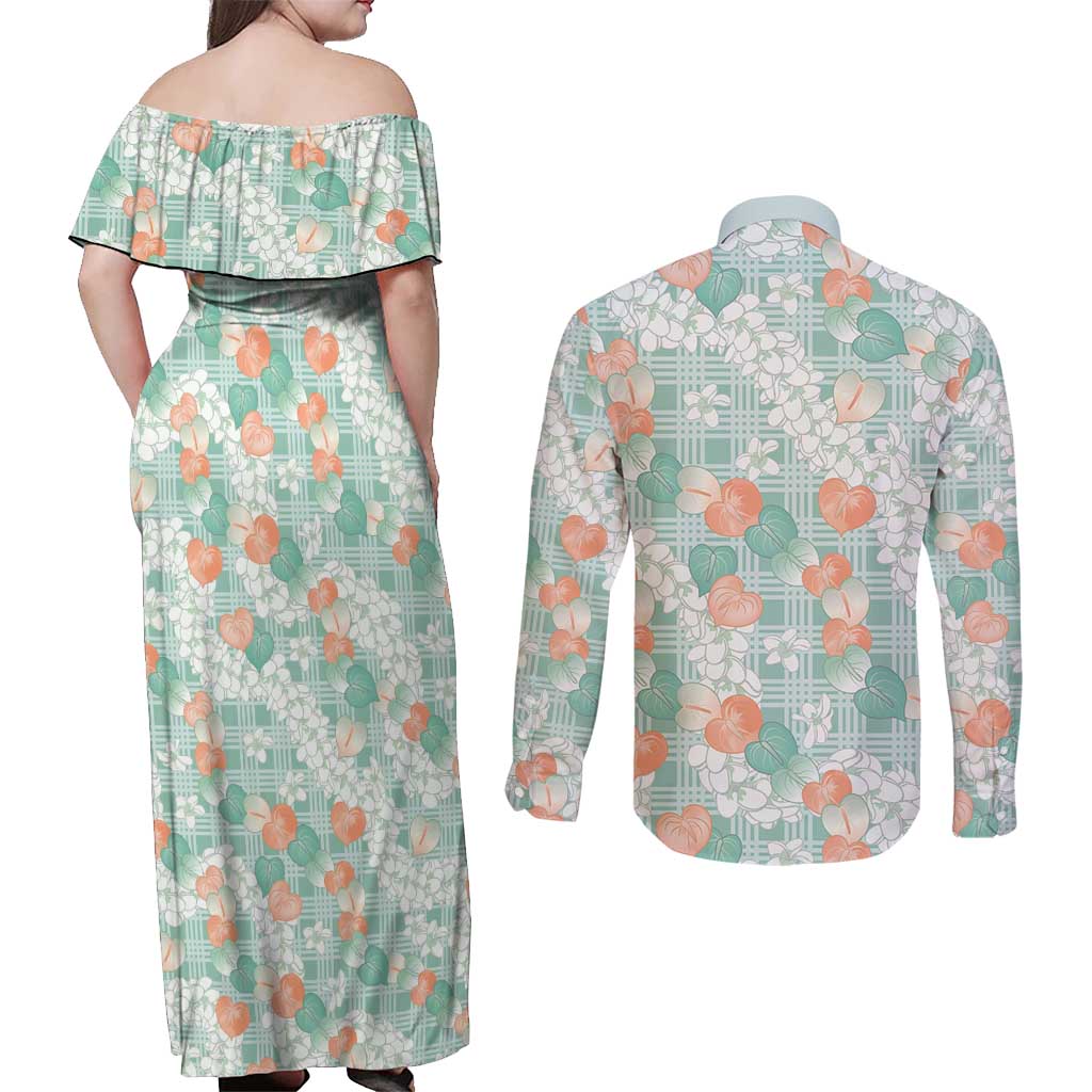 Anthurium Plumeria Lei Pastel Couples Matching Off Shoulder Maxi Dress and Long Sleeve Button Shirt Teal Hawaiian Splendid Palaka