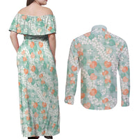 Anthurium Plumeria Lei Pastel Couples Matching Off Shoulder Maxi Dress and Long Sleeve Button Shirt Teal Hawaiian Splendid Palaka