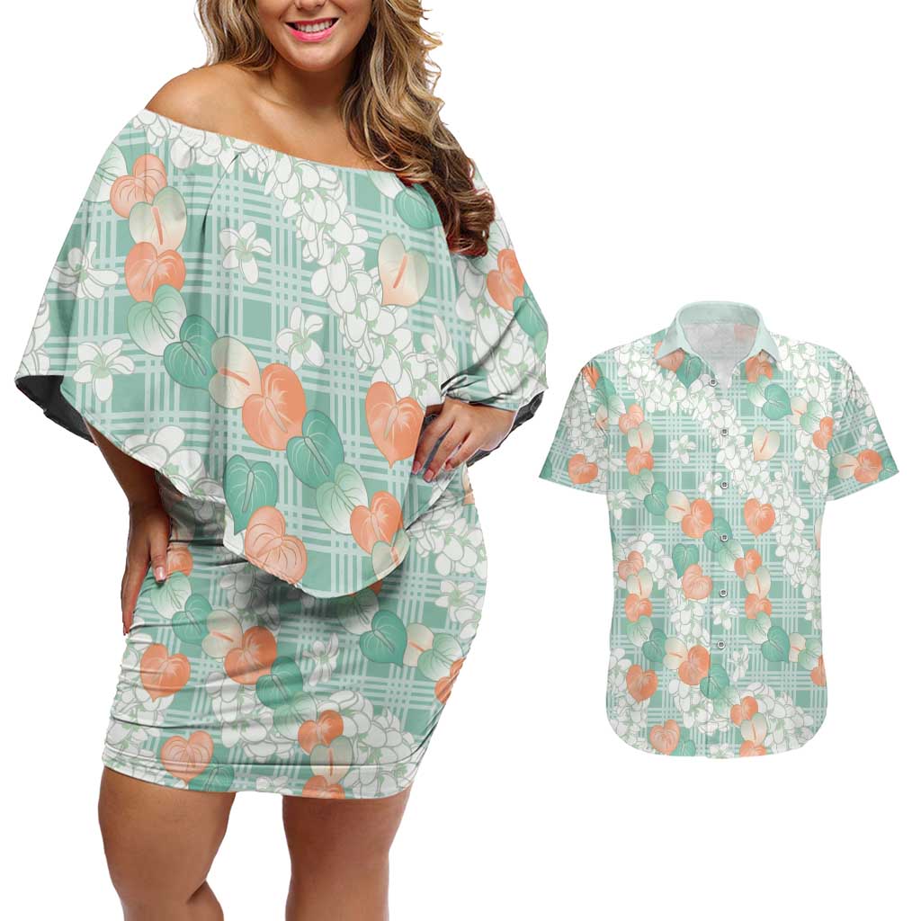 Anthurium Plumeria Lei Pastel Couples Matching Off Shoulder Short Dress and Hawaiian Shirt Teal Hawaiian Splendid Palaka