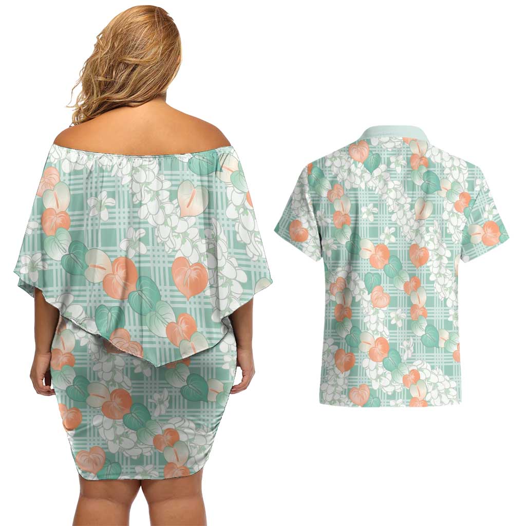 Anthurium Plumeria Lei Pastel Couples Matching Off Shoulder Short Dress and Hawaiian Shirt Teal Hawaiian Splendid Palaka