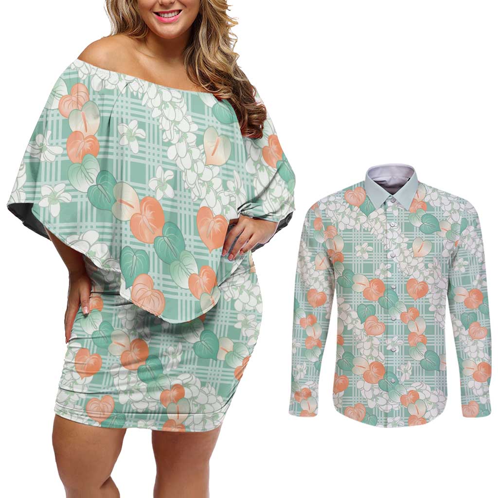 Anthurium Plumeria Lei Pastel Couples Matching Off Shoulder Short Dress and Long Sleeve Button Shirt Teal Hawaiian Splendid Palaka
