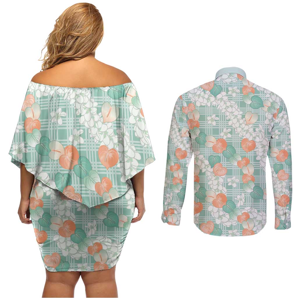 Anthurium Plumeria Lei Pastel Couples Matching Off Shoulder Short Dress and Long Sleeve Button Shirt Teal Hawaiian Splendid Palaka