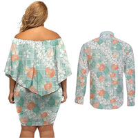 Anthurium Plumeria Lei Pastel Couples Matching Off Shoulder Short Dress and Long Sleeve Button Shirt Teal Hawaiian Splendid Palaka