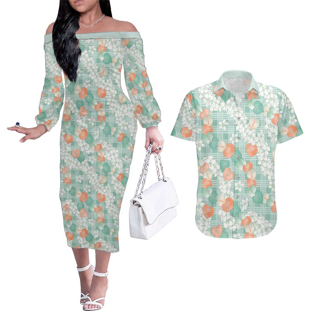 Anthurium Plumeria Lei Pastel Couples Matching Off The Shoulder Long Sleeve Dress and Hawaiian Shirt Teal Hawaiian Splendid Palaka LT01 Teal - Polynesian Pride