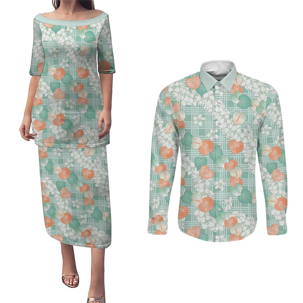 Anthurium Plumeria Lei Pastel Couples Matching Puletasi and Long Sleeve Button Shirt Teal Hawaiian Splendid Palaka LT01 Teal - Polynesian Pride