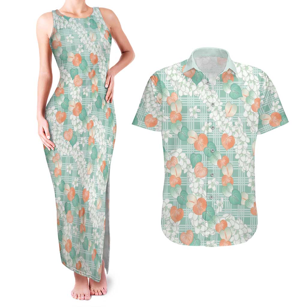 Anthurium Plumeria Lei Pastel Couples Matching Tank Maxi Dress and Hawaiian Shirt Teal Hawaiian Splendid Palaka