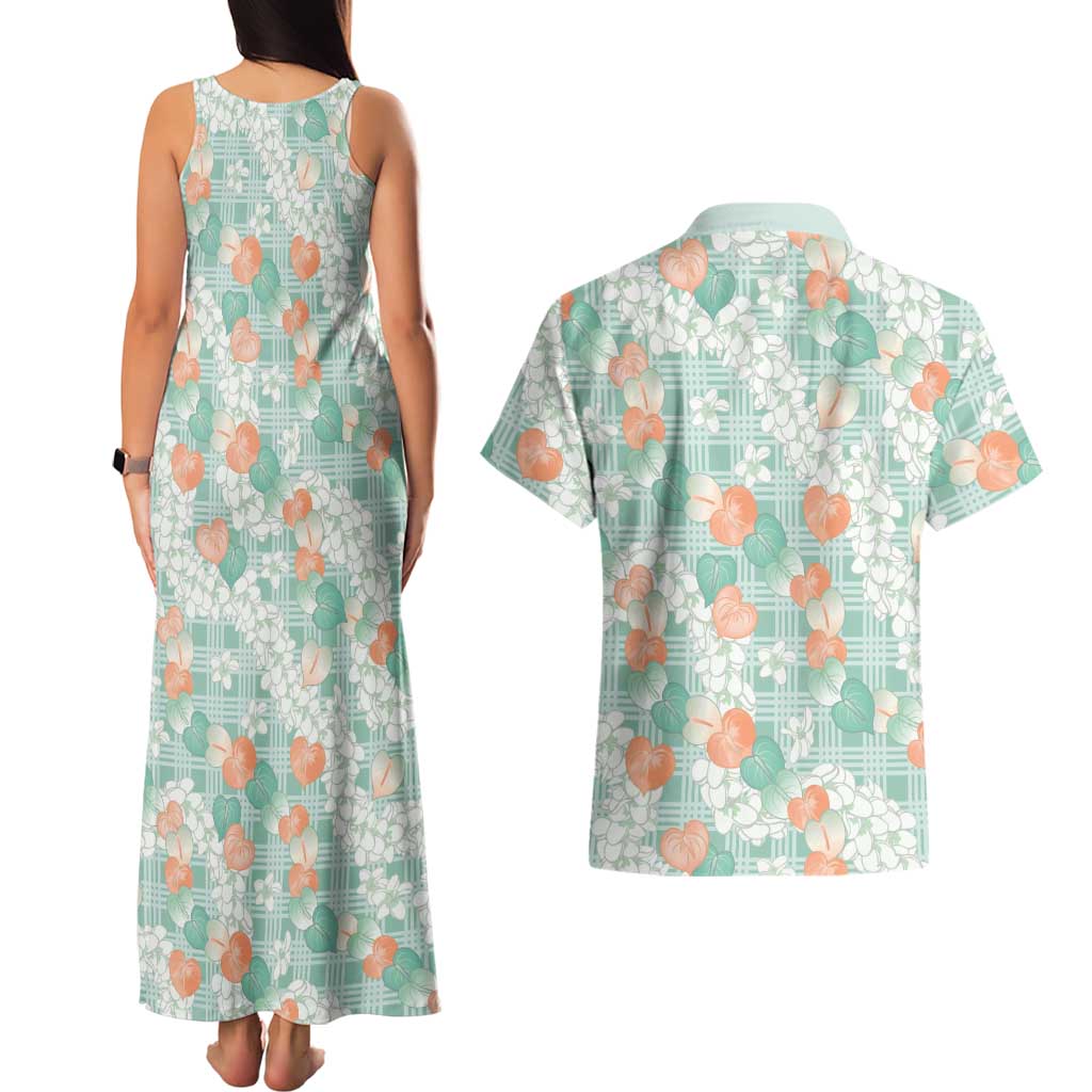 Anthurium Plumeria Lei Pastel Couples Matching Tank Maxi Dress and Hawaiian Shirt Teal Hawaiian Splendid Palaka