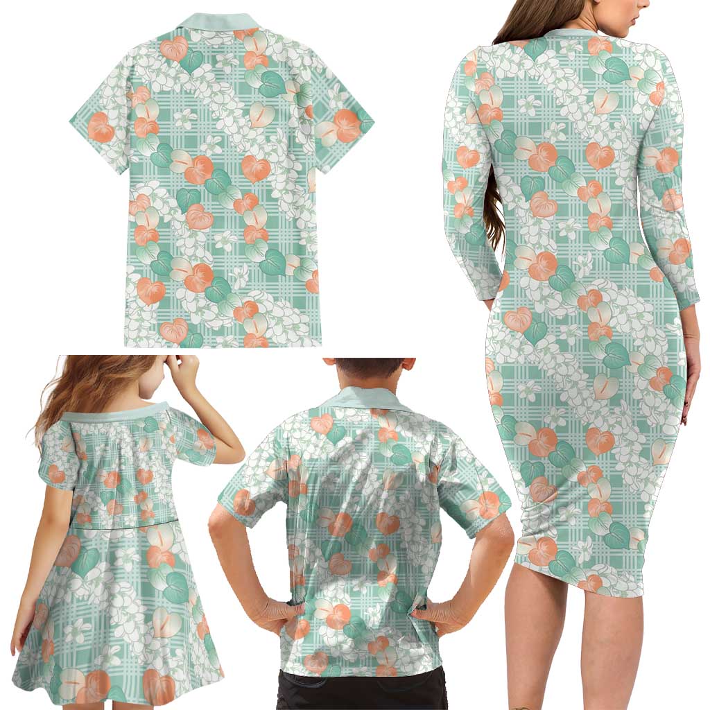 Anthurium Plumeria Lei Pastel Family Matching Long Sleeve Bodycon Dress and Hawaiian Shirt Teal Hawaiian Splendid Palaka