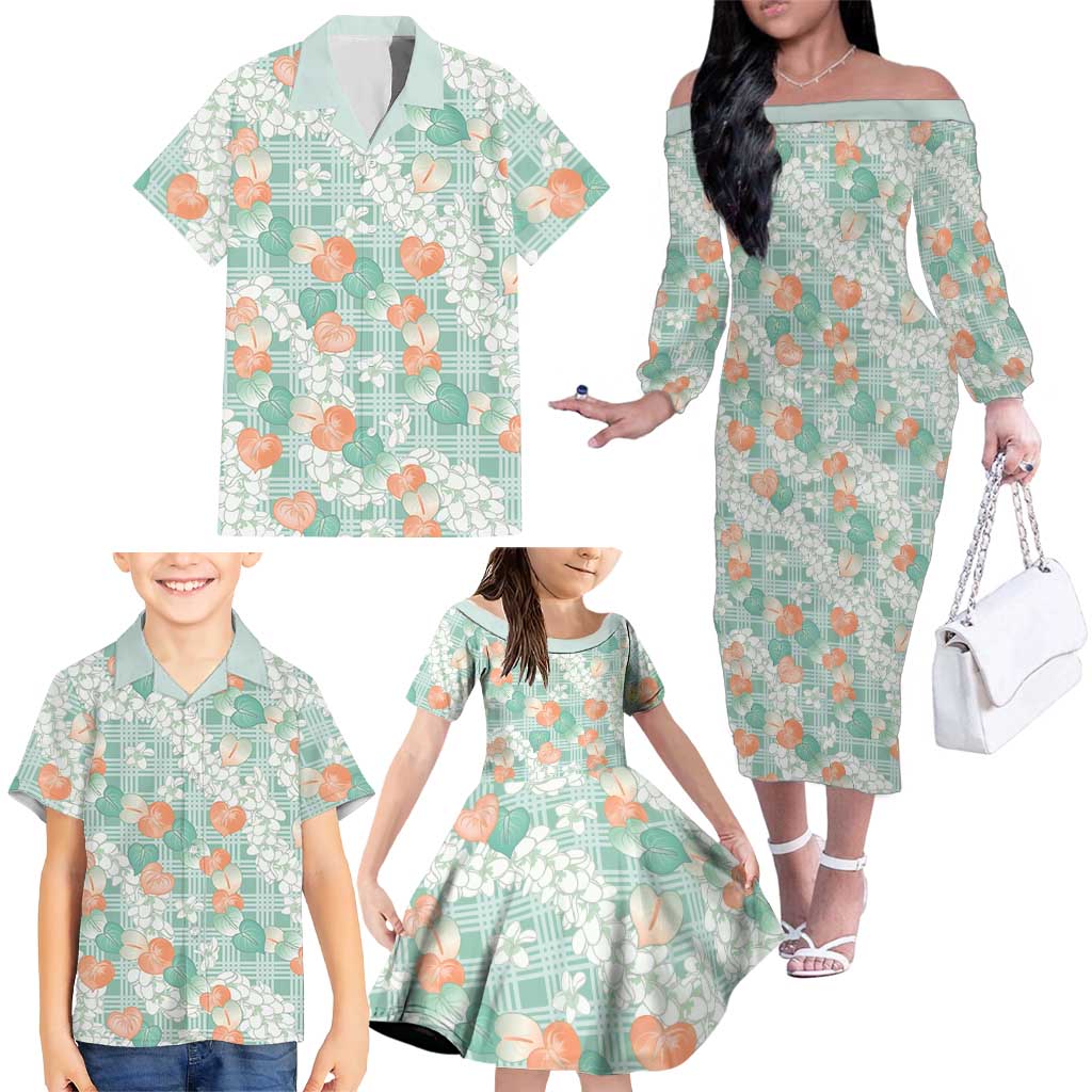 Anthurium Plumeria Lei Pastel Family Matching Off The Shoulder Long Sleeve Dress and Hawaiian Shirt Teal Hawaiian Splendid Palaka LT01 - Polynesian Pride