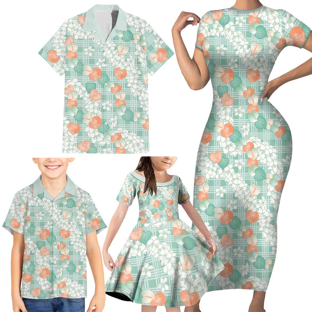 Anthurium Plumeria Lei Pastel Family Matching Short Sleeve Bodycon Dress and Hawaiian Shirt Teal Hawaiian Splendid Palaka