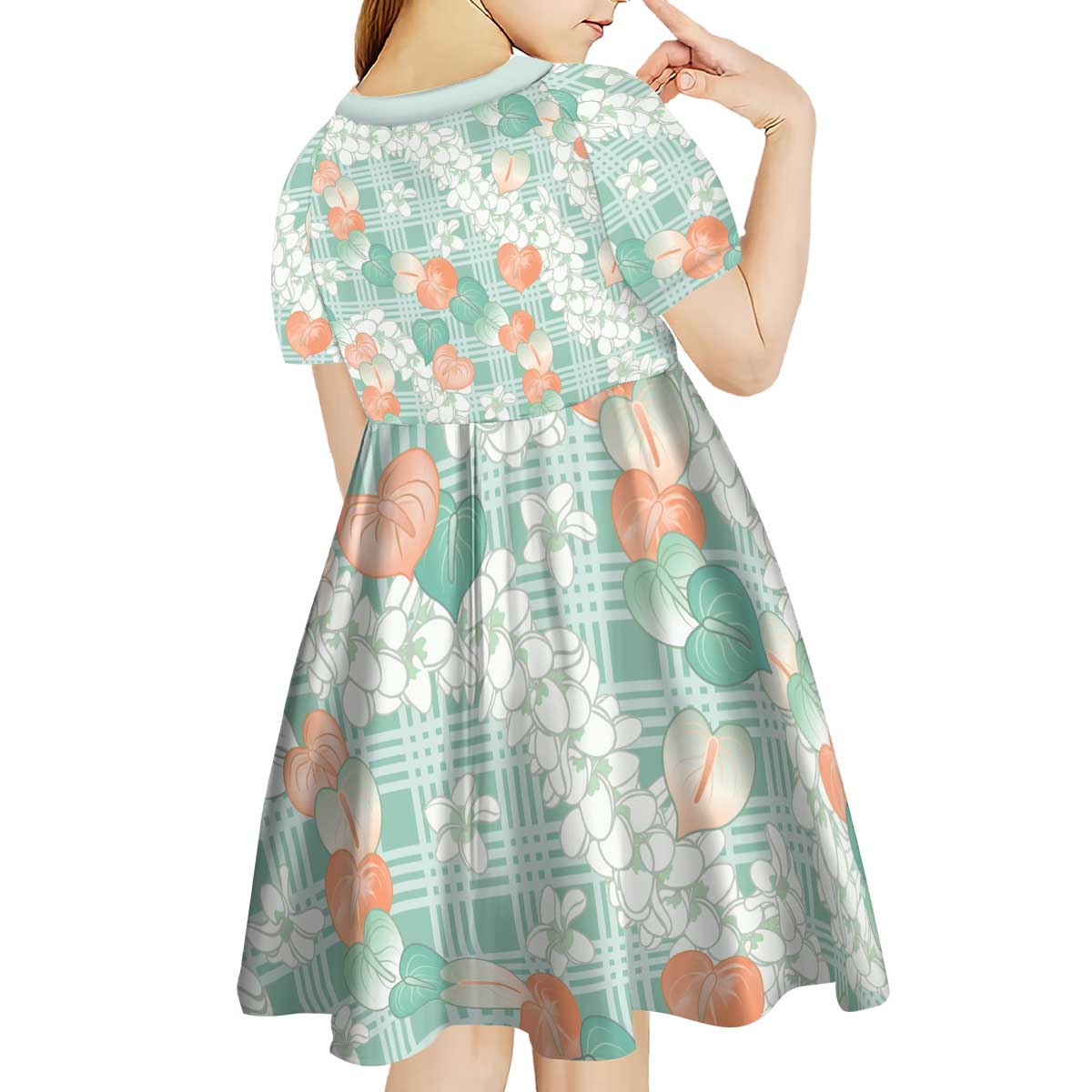 Anthurium Plumeria Lei Pastel Kid Short Sleeve Dress Teal Hawaiian Splendid Palaka LT01 - Polynesian Pride