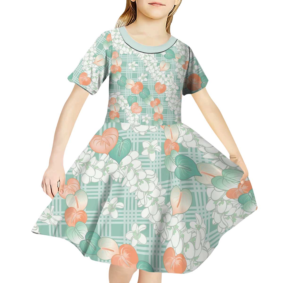 Anthurium Plumeria Lei Pastel Kid Short Sleeve Dress Teal Hawaiian Splendid Palaka LT01 - Polynesian Pride
