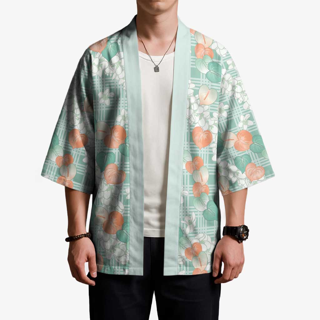 Anthurium Plumeria Lei Pastel Kimono Teal Hawaiian Splendid Palaka LT01 - Polynesian Pride