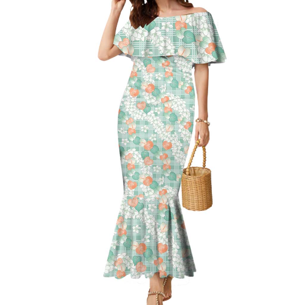 Anthurium Plumeria Lei Pastel Mermaid Dress Teal Hawaiian Splendid Palaka LT01 Women Teal - Polynesian Pride