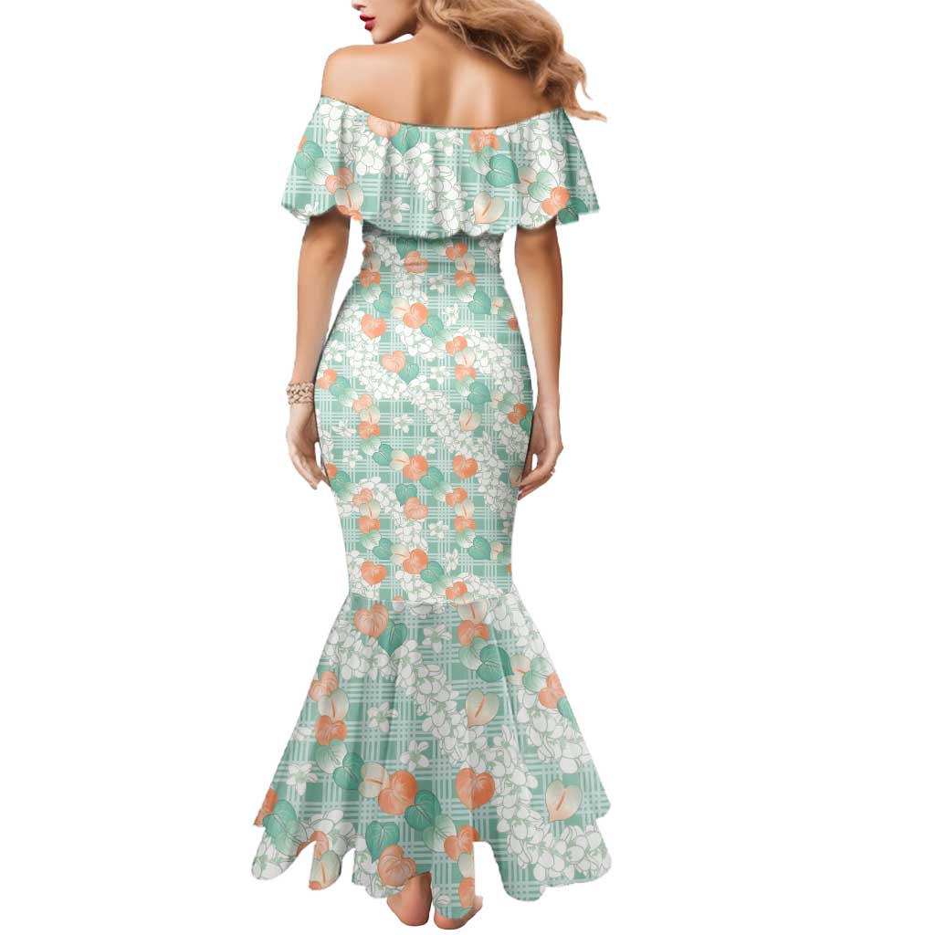 Anthurium Plumeria Lei Pastel Mermaid Dress Teal Hawaiian Splendid Palaka LT01 - Polynesian Pride