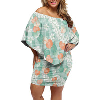 Anthurium Plumeria Lei Pastel Off Shoulder Short Dress Teal Hawaiian Splendid Palaka
