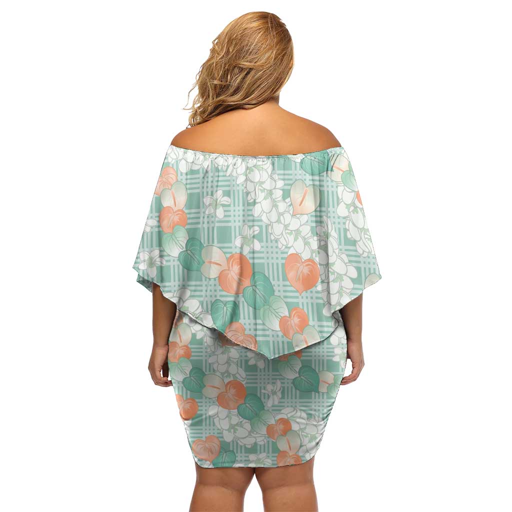 Anthurium Plumeria Lei Pastel Off Shoulder Short Dress Teal Hawaiian Splendid Palaka