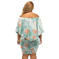 Anthurium Plumeria Lei Pastel Off Shoulder Short Dress Teal Hawaiian Splendid Palaka