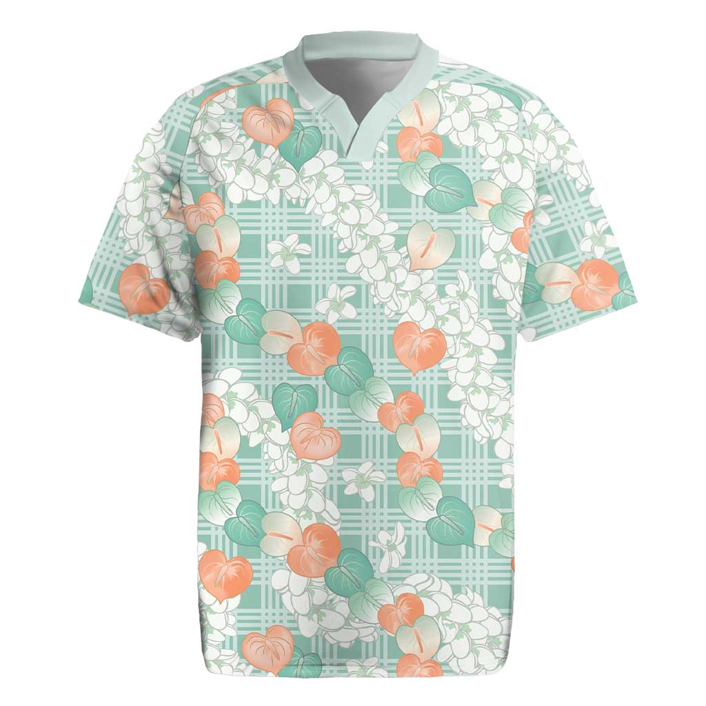 Anthurium Plumeria Lei Pastel Rugby Jersey Teal Hawaiian Splendid Palaka