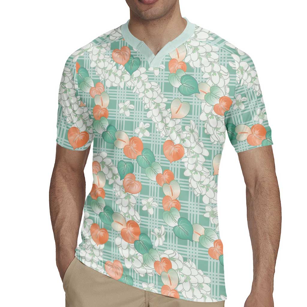 Anthurium Plumeria Lei Pastel Rugby Jersey Teal Hawaiian Splendid Palaka