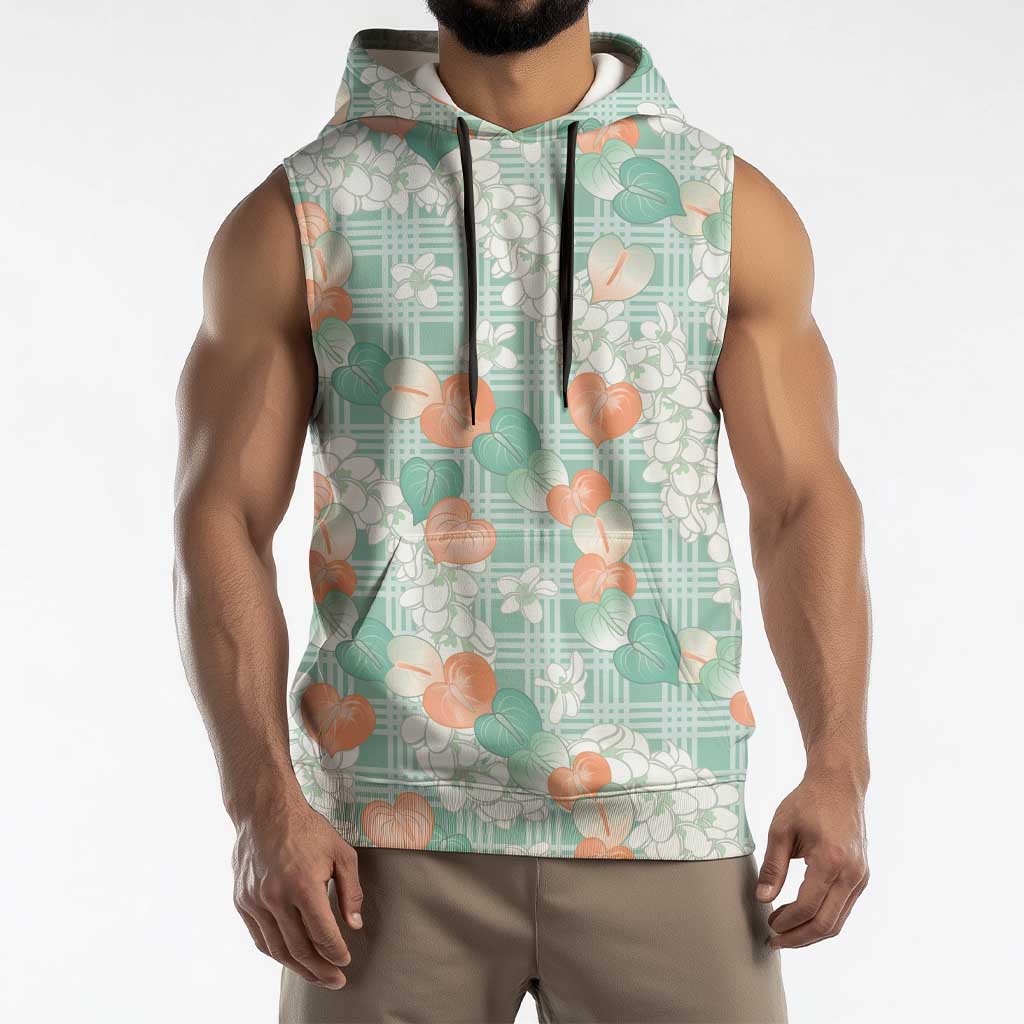 Anthurium Plumeria Lei Pastel Sleeveless Hoodie Teal Hawaiian Splendid Palaka LT01 - Polynesian Pride