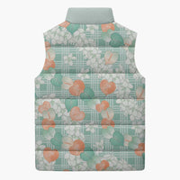 Anthurium Plumeria Lei Pastel Sleeveless Puffer Jacket Teal Hawaiian Splendid Palaka