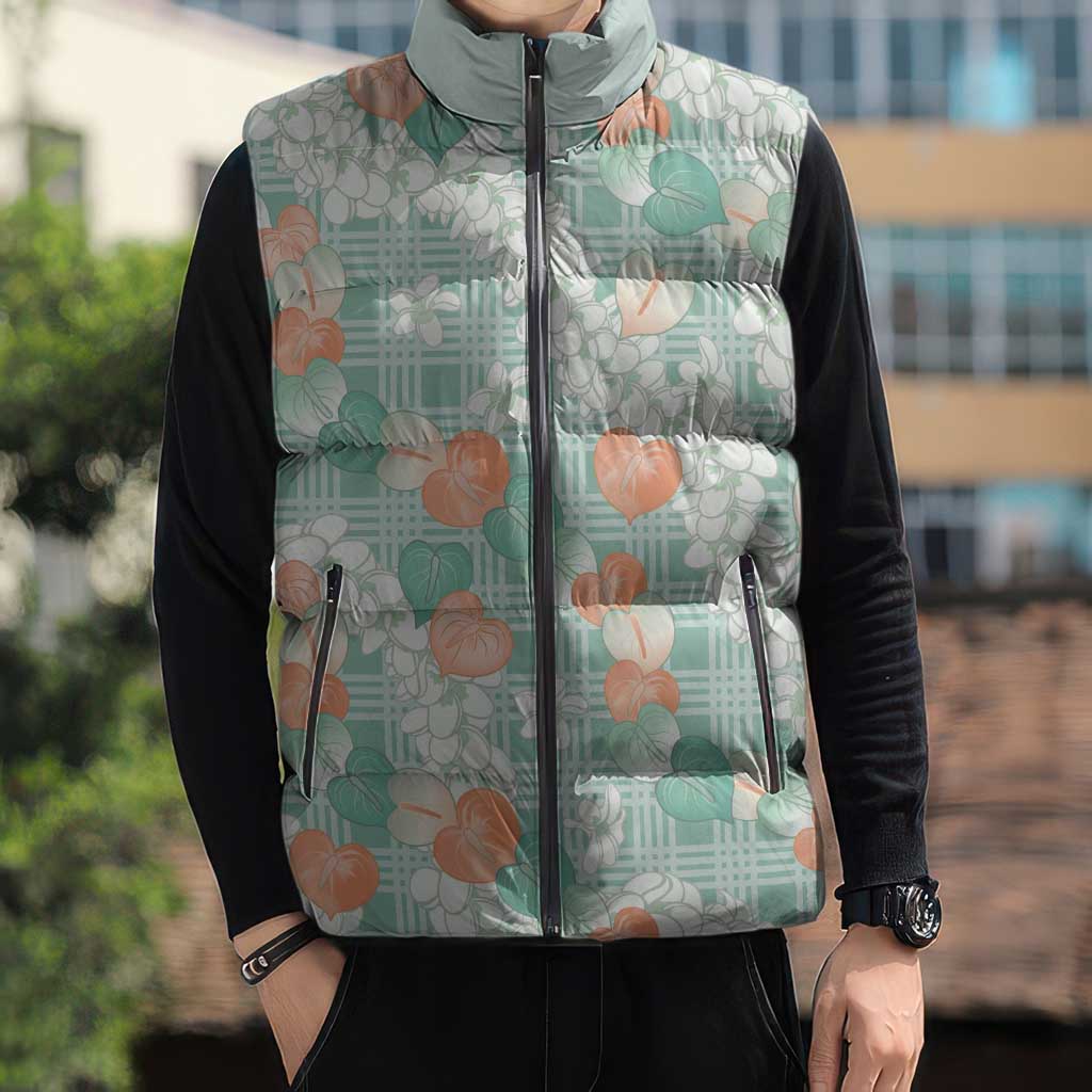 Anthurium Plumeria Lei Pastel Sleeveless Puffer Jacket Teal Hawaiian Splendid Palaka