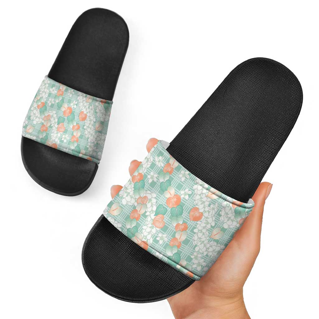 Anthurium Plumeria Lei Pastel Slide Sandals Teal Hawaiian Splendid Palaka
