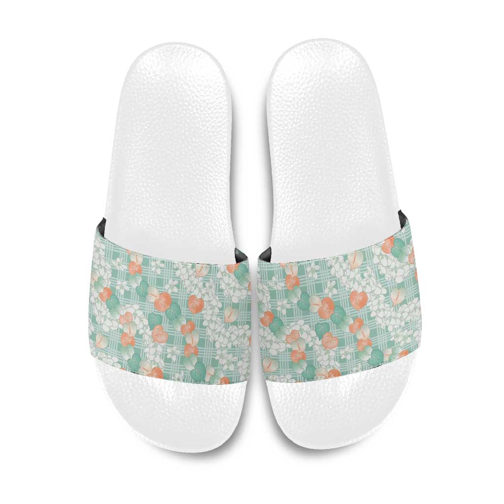 Anthurium Plumeria Lei Pastel Slide Sandals Teal Hawaiian Splendid Palaka