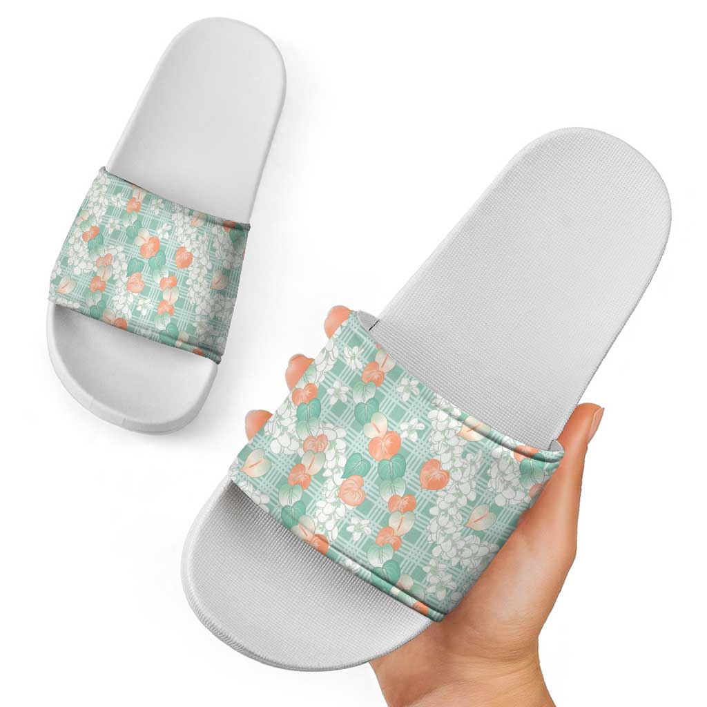 Anthurium Plumeria Lei Pastel Slide Sandals Teal Hawaiian Splendid Palaka