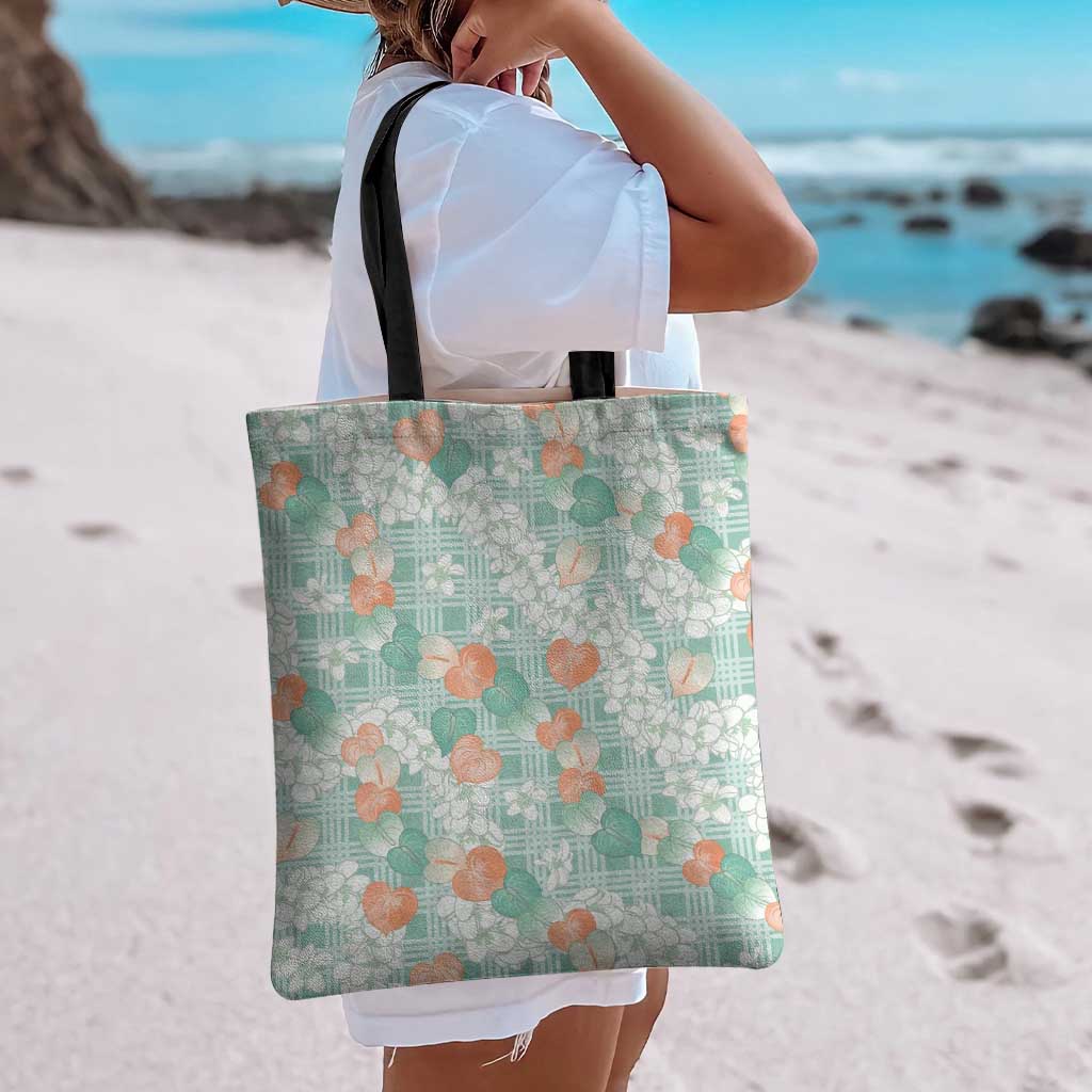 Anthurium Plumeria Lei Pastel Tote Bag Teal Hawaiian Splendid Palaka LT01 - Polynesian Pride
