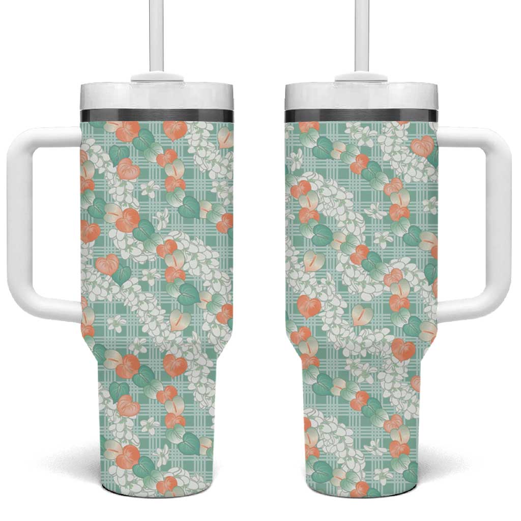 Anthurium Plumeria Lei Pastel Tumbler With Handle Teal Hawaiian Splendid Palaka LT01 One Size: 40 oz Teal - Polynesian Pride