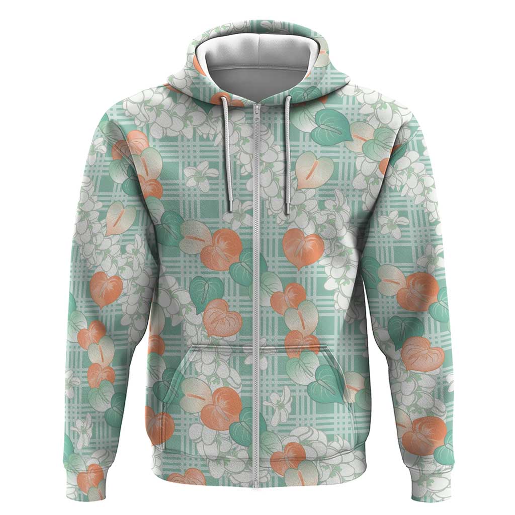 Anthurium Plumeria Lei Pastel Zip Hoodie Teal Hawaiian Splendid Palaka LT01 Zip Hoodie Teal - Polynesian Pride