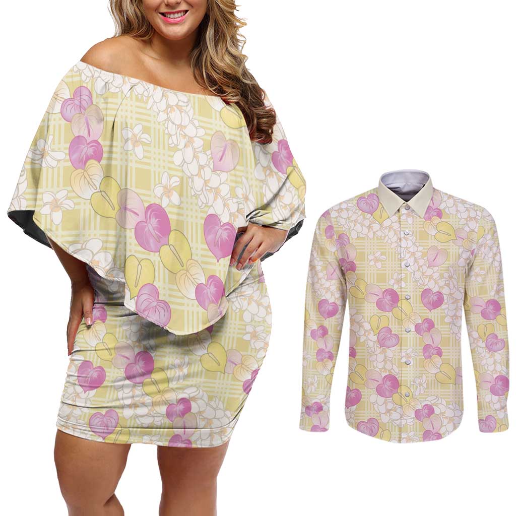Anthurium Plumeria Lei Pastel Couples Matching Off Shoulder Short Dress and Long Sleeve Button Shirt Yellow Hawaiian Splendid Palaka