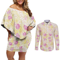 Anthurium Plumeria Lei Pastel Couples Matching Off Shoulder Short Dress and Long Sleeve Button Shirt Yellow Hawaiian Splendid Palaka