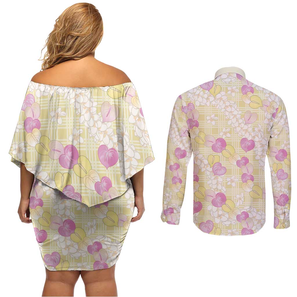 Anthurium Plumeria Lei Pastel Couples Matching Off Shoulder Short Dress and Long Sleeve Button Shirt Yellow Hawaiian Splendid Palaka
